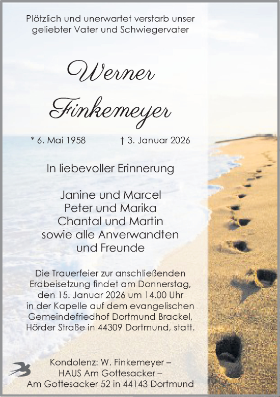 Traueranzeige von Werner Finkemeyer von Ruhr Nachrichten
