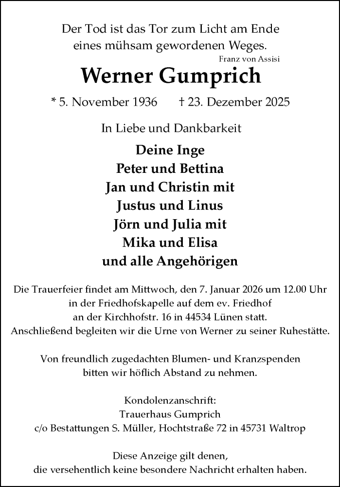  Traueranzeige für Werner Gumprich vom 03.01.2026 aus Ruhr Nachrichten