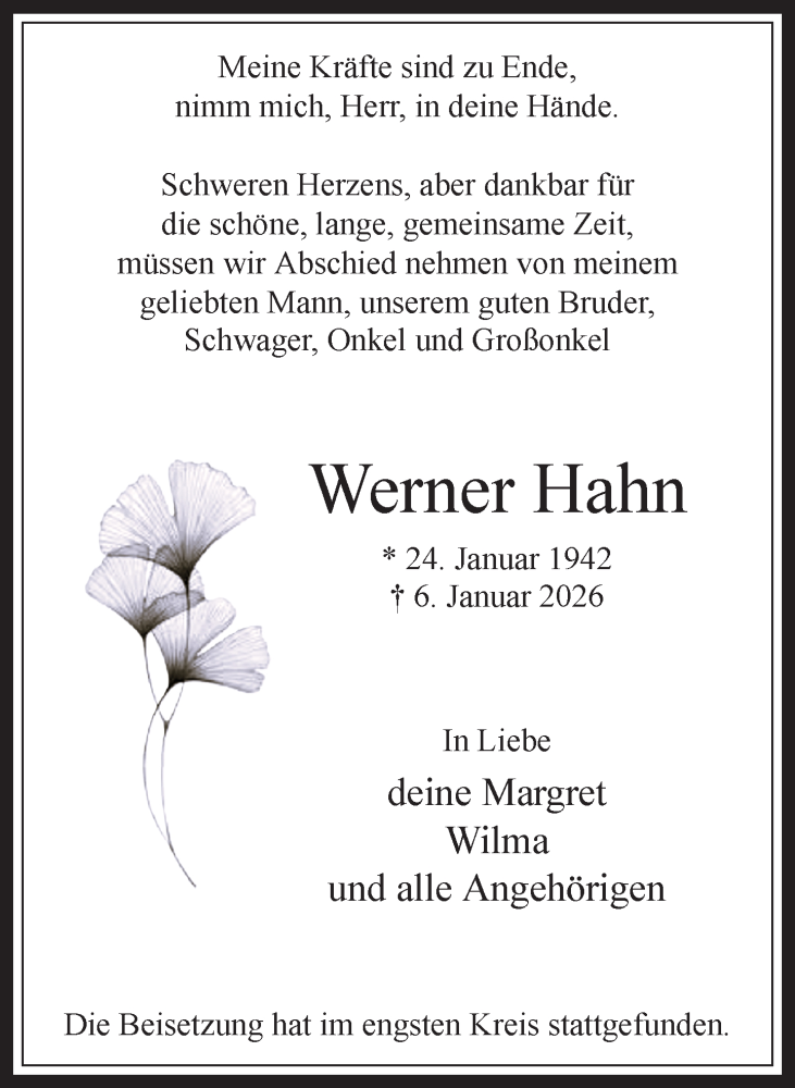  Traueranzeige für Werner Hahn vom 31.01.2026 aus 