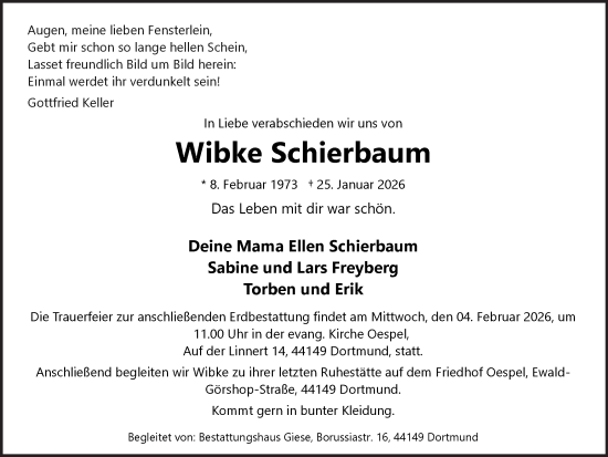 Traueranzeige von Wibke Schierbaum von Ruhr Nachrichten