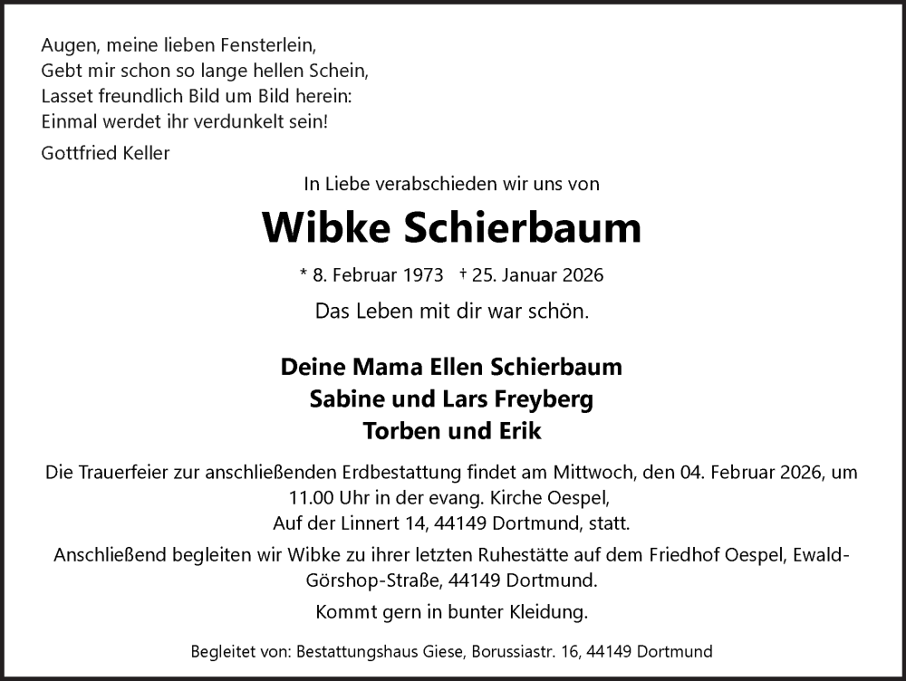  Traueranzeige für Wibke Schierbaum vom 31.01.2026 aus Ruhr Nachrichten
