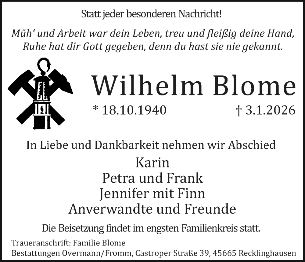 Traueranzeige für Wilhelm Blome vom 10.01.2026 aus Trauer Vest