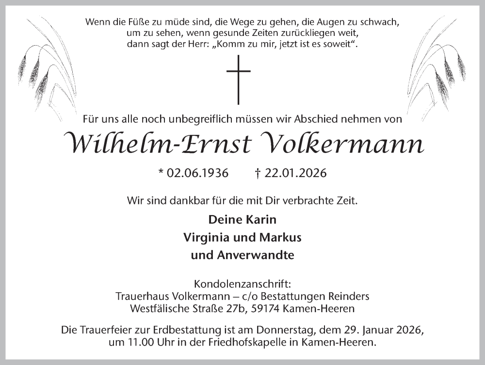  Traueranzeige für Wilhelm-Ernst Volkermann vom 27.01.2026 aus Hellweger Anzeiger