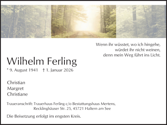 Traueranzeige von Wilhelm Ferling von Ruhr Nachrichten und Halterner Zeitung