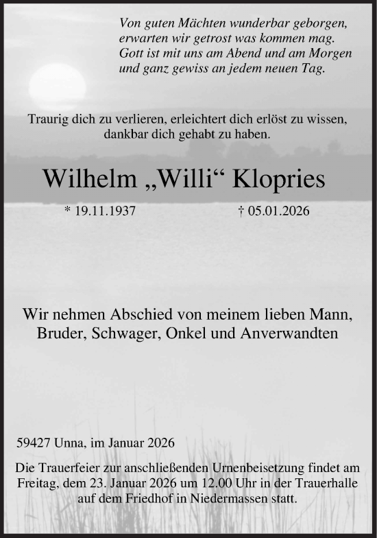 Traueranzeige von Wilhelm Klopries von Hellweger Anzeiger