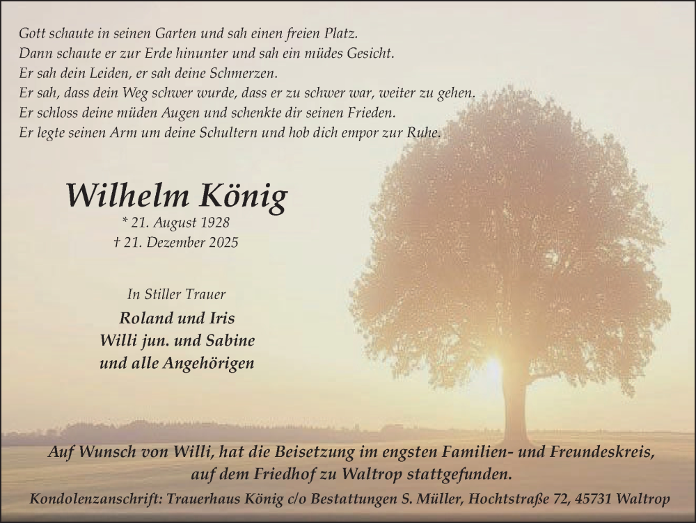  Traueranzeige für Wilhelm König vom 24.01.2026 aus Trauer Vest