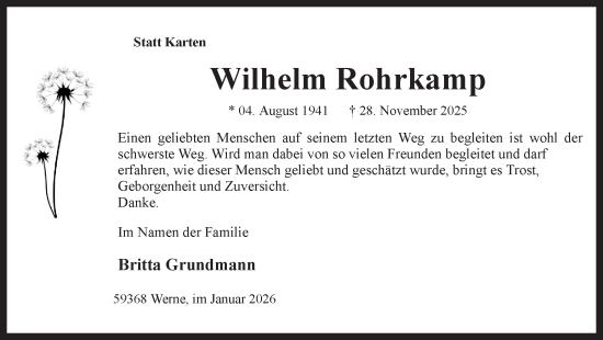 Traueranzeige von Wilhelm Rohrkamp von Ruhr Nachrichten