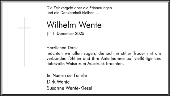 Traueranzeige von Wilhelm Wente von Hellweger Anzeiger