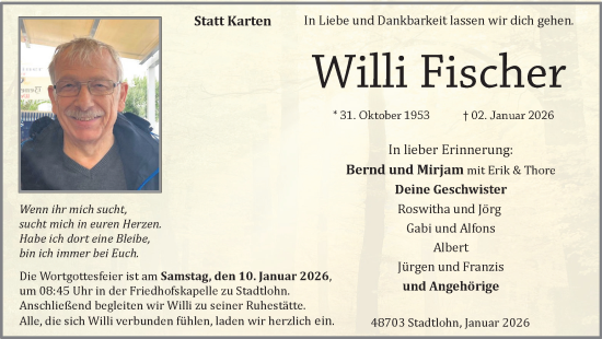 Traueranzeige von Willi Fischer von Münsterland Zeitung