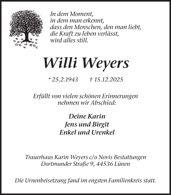 Traueranzeige von Willi Weyers von Lüner Anzeiger