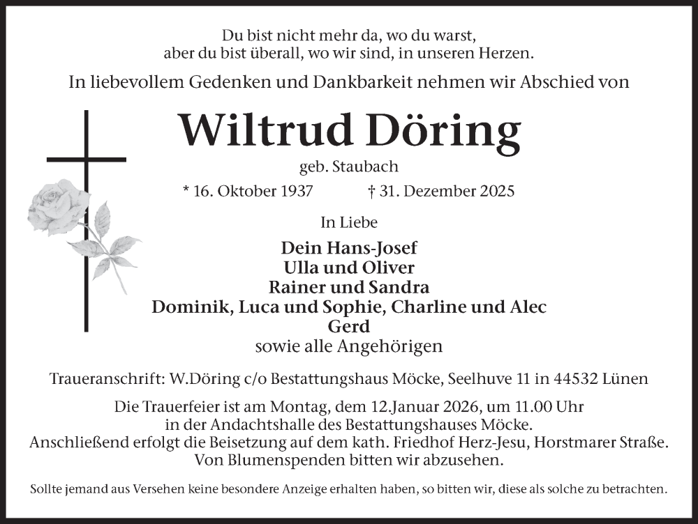  Traueranzeige für Wiltrud Döring vom 10.01.2026 aus Lüner Anzeiger