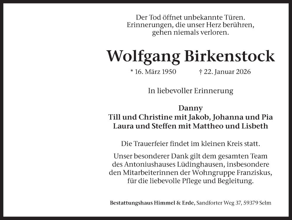  Traueranzeige für Wolfgang Birkenstock vom 31.01.2026 aus Ruhr Nachrichten