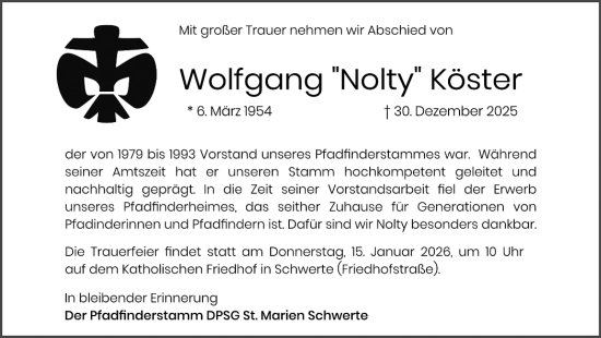 Traueranzeige von Wolfgang Köster von Ruhr Nachrichten