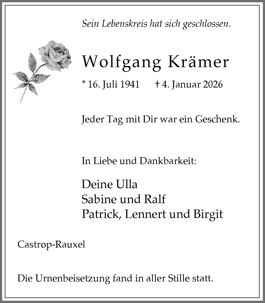  Traueranzeige für Wolfgang Krämer vom 17.01.2026 aus Stadtanzeiger Castrop-Rauxel