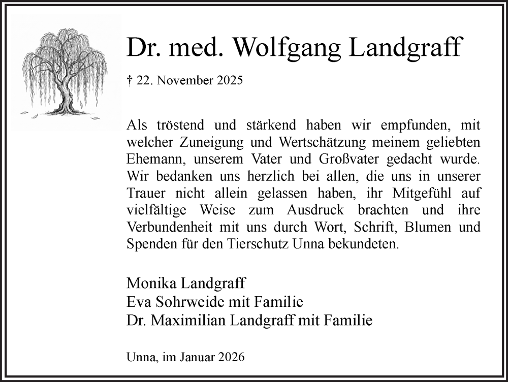  Traueranzeige für Wolfgang Landgraff vom 24.01.2026 aus Hellweger Anzeiger