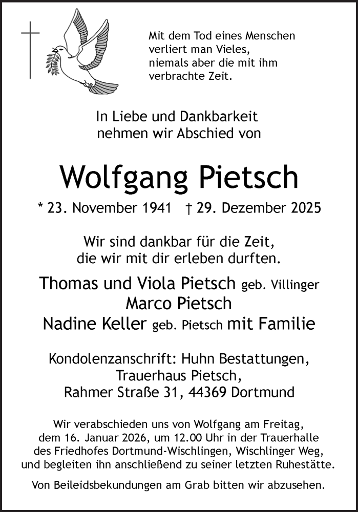  Traueranzeige für Wolfgang Pietsch vom 10.01.2026 aus Ruhr Nachrichten