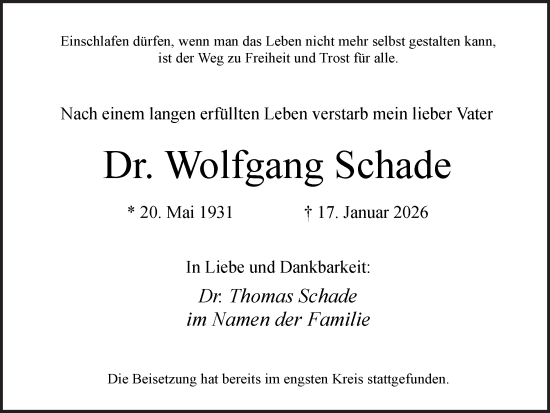 Traueranzeige von Wolfgang Schade von Ruhr Nachrichten und Halterner Zeitung
