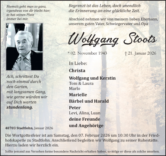 Traueranzeige von Wolfgang Stoots von Münsterland Zeitung