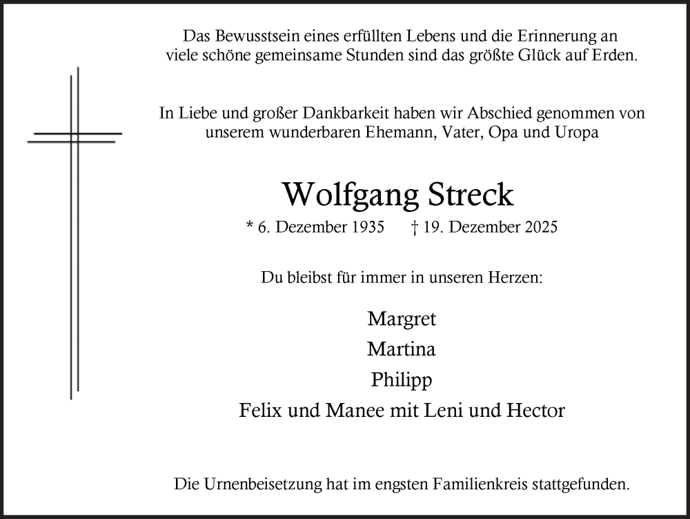  Traueranzeige für Wolfgang Streck vom 24.01.2026 aus Ruhr Nachrichten und Dorstener Zeitung