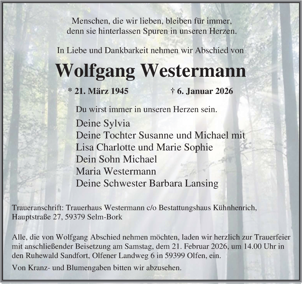  Traueranzeige für Wolfgang Westermann vom 31.01.2026 aus Lüner Anzeiger