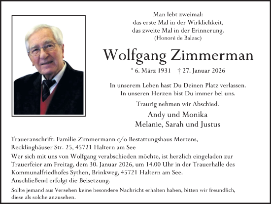 Traueranzeige von Wolfgang Zimmerman von Ruhr Nachrichten und Halterner Zeitung