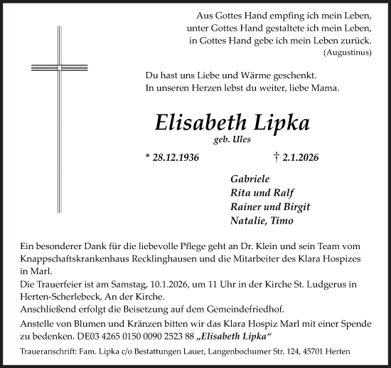 Traueranzeige von Elisabeth Lipka von Medienhaus Bauer