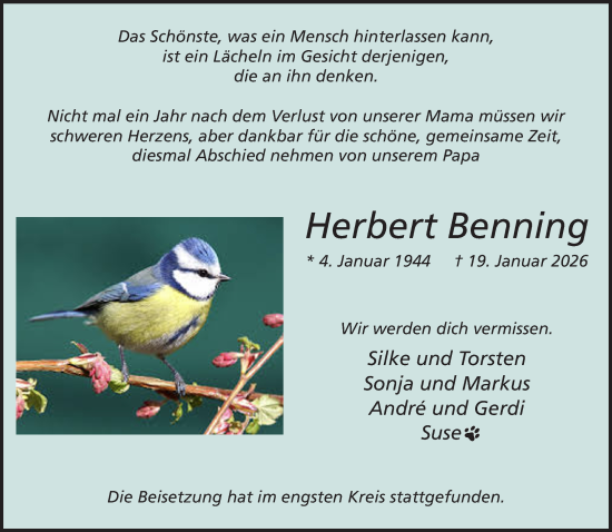 Traueranzeige von Herbert Benning von Bocholter Borkener Volksblatt 