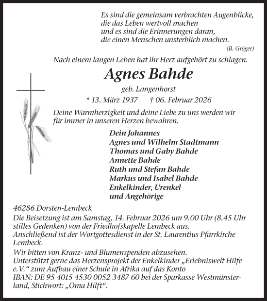 Traueranzeige von Agnes Bahde von Ruhr Nachrichten und Dorstener Zeitung