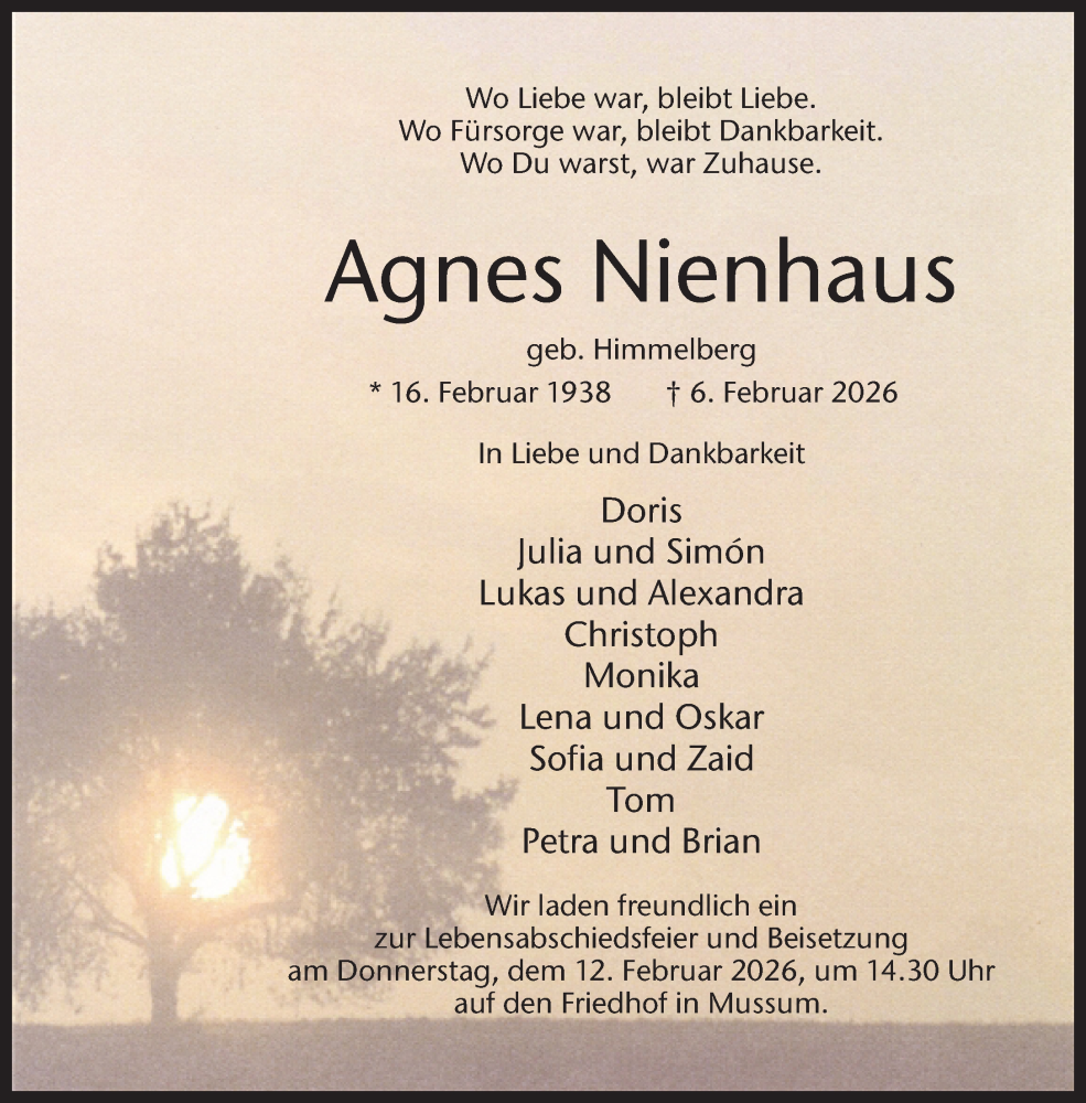 Traueranzeige für Agnes Nienhaus vom 10.02.2026 aus 
