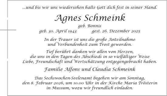 Traueranzeige von Agnes Schmeink 