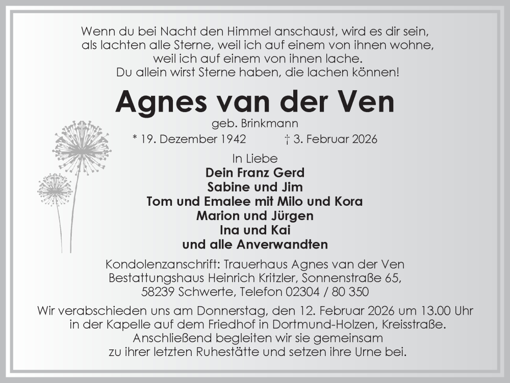  Traueranzeige für Agnes van der Ven vom 07.02.2026 aus Ruhr Nachrichten