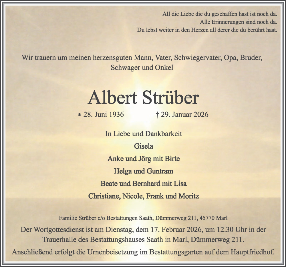  Traueranzeige für Albert Strüber vom 14.02.2026 aus Trauer Vest