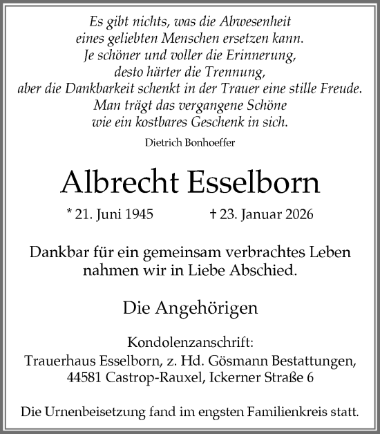 Traueranzeige von Albrecht Esselborn von Stadtanzeiger Castrop-Rauxel