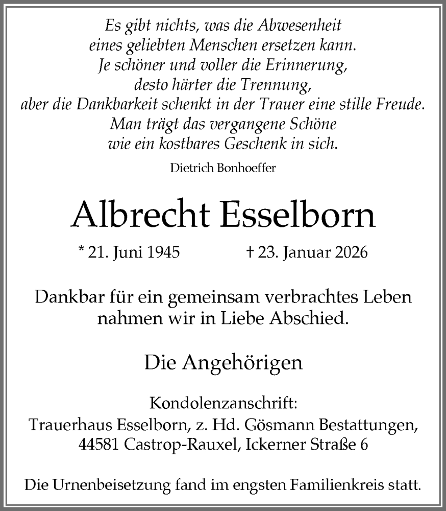  Traueranzeige für Albrecht Esselborn vom 14.02.2026 aus Stadtanzeiger Castrop-Rauxel