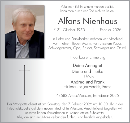 Traueranzeige von Alfons Nienhaus von Münsterland Zeitung
