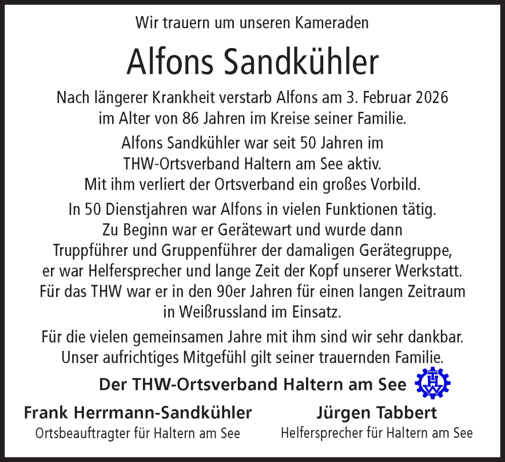  Traueranzeige für Alfons Sandkühler vom 07.02.2026 aus Ruhr Nachrichten und Halterner Zeitung