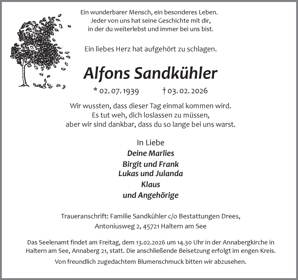  Traueranzeige für Alfons Sandkühler vom 07.02.2026 aus Ruhr Nachrichten und Halterner Zeitung