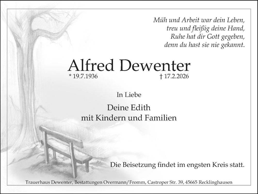  Traueranzeige für Alfred Dewenter vom 21.02.2026 aus Trauer Vest