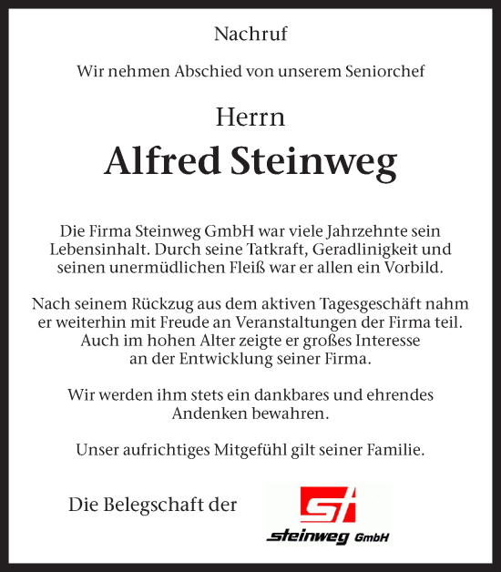 Traueranzeige von Alfred Steinweg von Ruhr Nachrichten