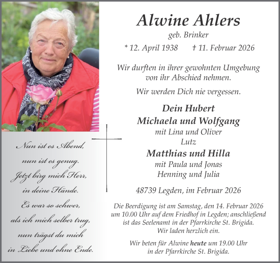 Traueranzeige von Alwine Ahlers von Münsterland Zeitung
