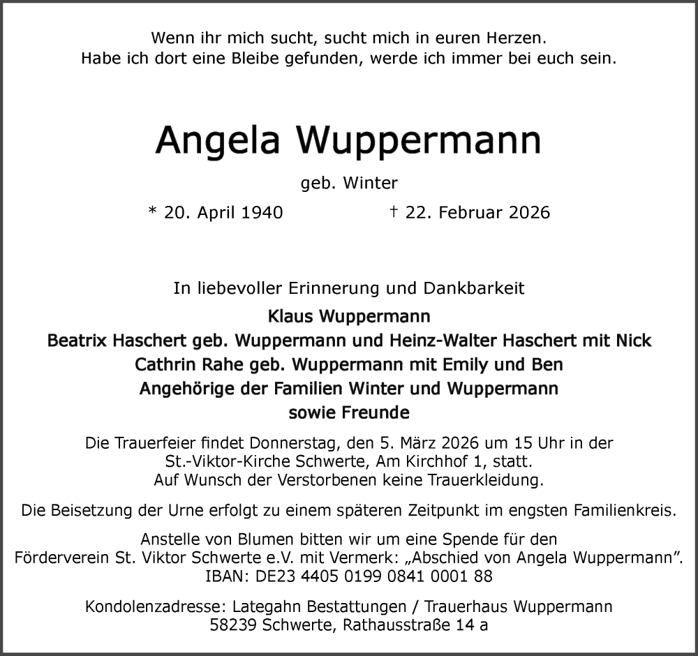  Traueranzeige für Angela Wuppermann vom 28.02.2026 aus Ruhr Nachrichten