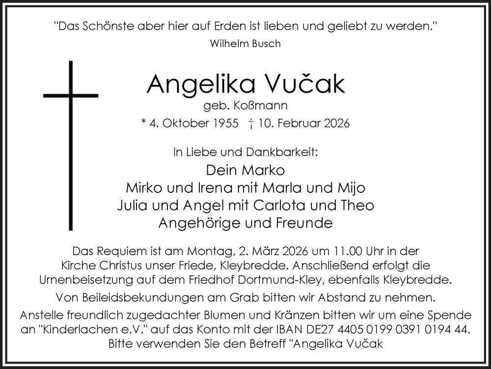 Traueranzeige für Angelika Vucak vom 21.02.2026 aus Ruhr Nachrichten