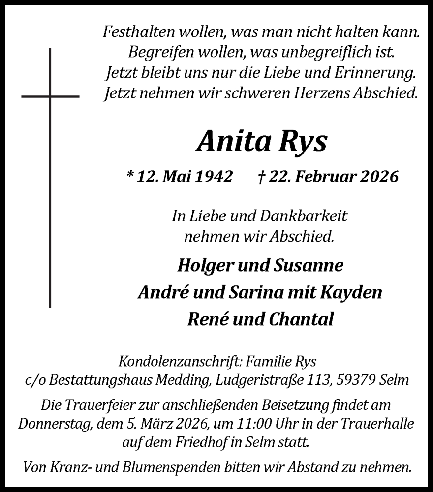  Traueranzeige für Anita Rys vom 28.02.2026 aus Lüner Anzeiger