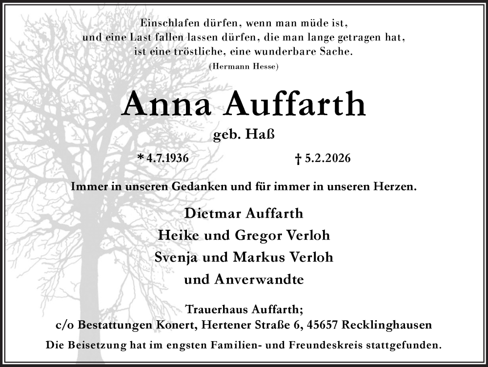  Traueranzeige für Anna Auffarth vom 25.02.2026 aus Trauer Vest