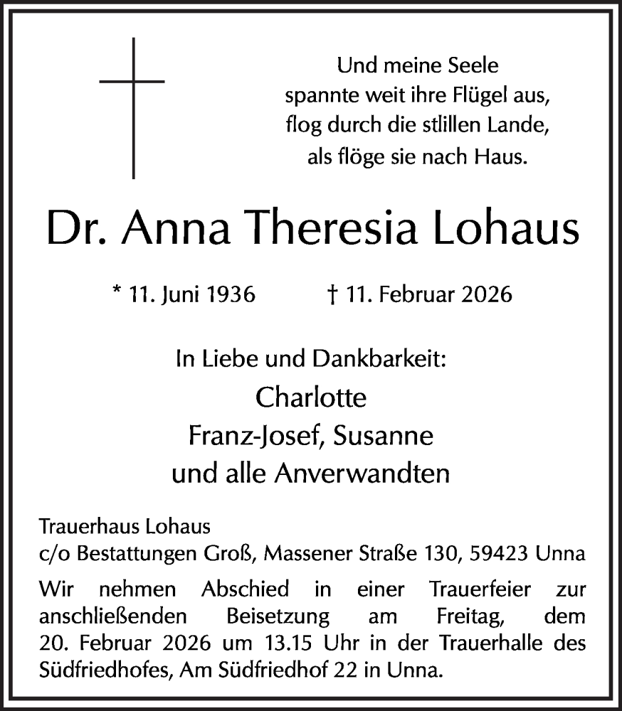  Traueranzeige für Anna Theresia Lohaus vom 18.02.2026 aus Hellweger Anzeiger