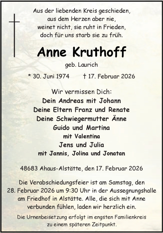 Traueranzeige von Anne Kruthoff von Münsterland Zeitung
