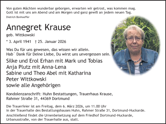 Traueranzeige von Annegret Krause von Ruhr Nachrichten