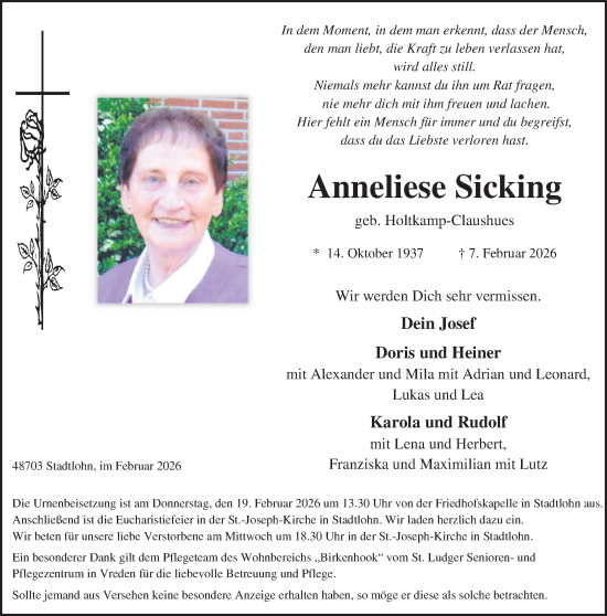 Traueranzeige von Anneliese Sicking von Münsterland Zeitung