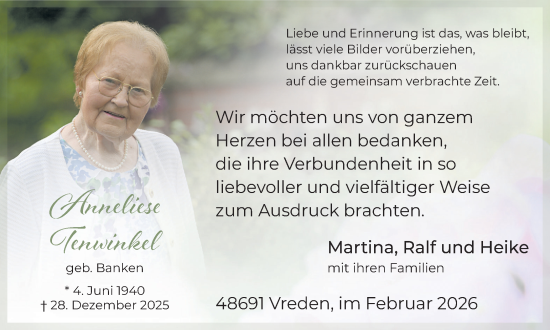 Traueranzeige von Anneliese Tenwinkel von Münsterland Zeitung
