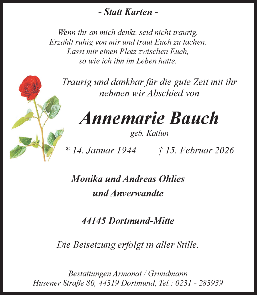  Traueranzeige für Annemarie Bauch vom 21.02.2026 aus Ruhr Nachrichten